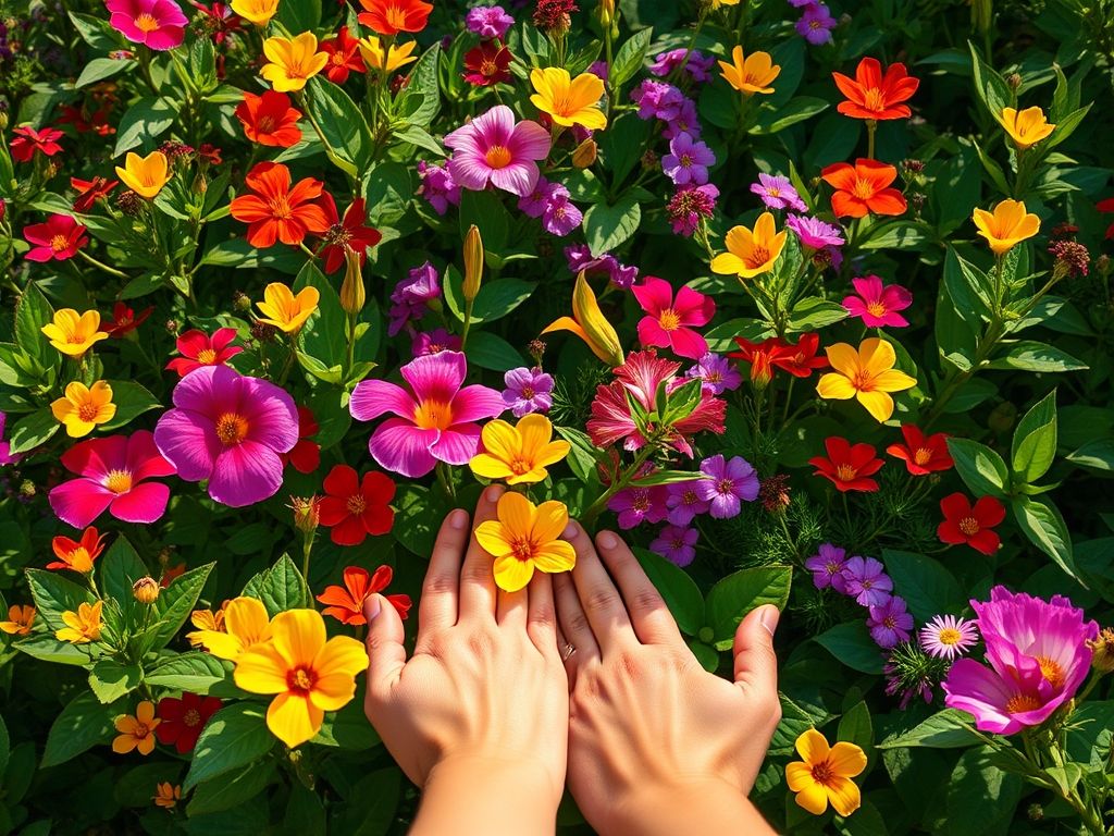 Um jardim vibrante com diversas flores únicas, representando um relacionamento saudável.