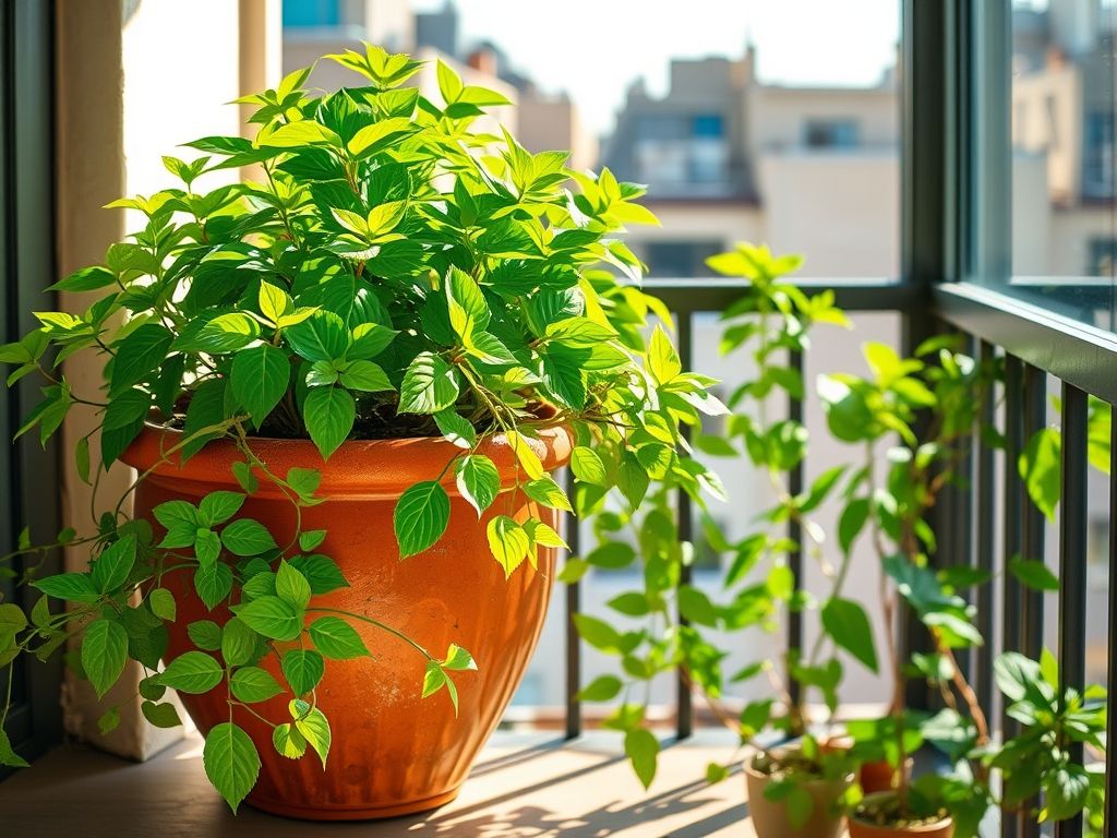 Vaso de cerâmica com plantas de endro exuberantes em uma varanda ensolarada.