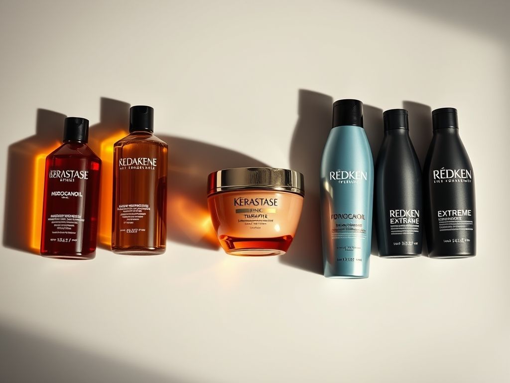 Foto dos cinco produtos capilares recomendados: máscara Kérastase Résistance Thérapiste, óleo Moroccanoil Treatment, shampoo e condicionador Redken Extreme, leave-in Uniq One All in One Hair Treatment e ampola L'Oréal Professionnel Absolut Repair Gold Quinoa + Protein.