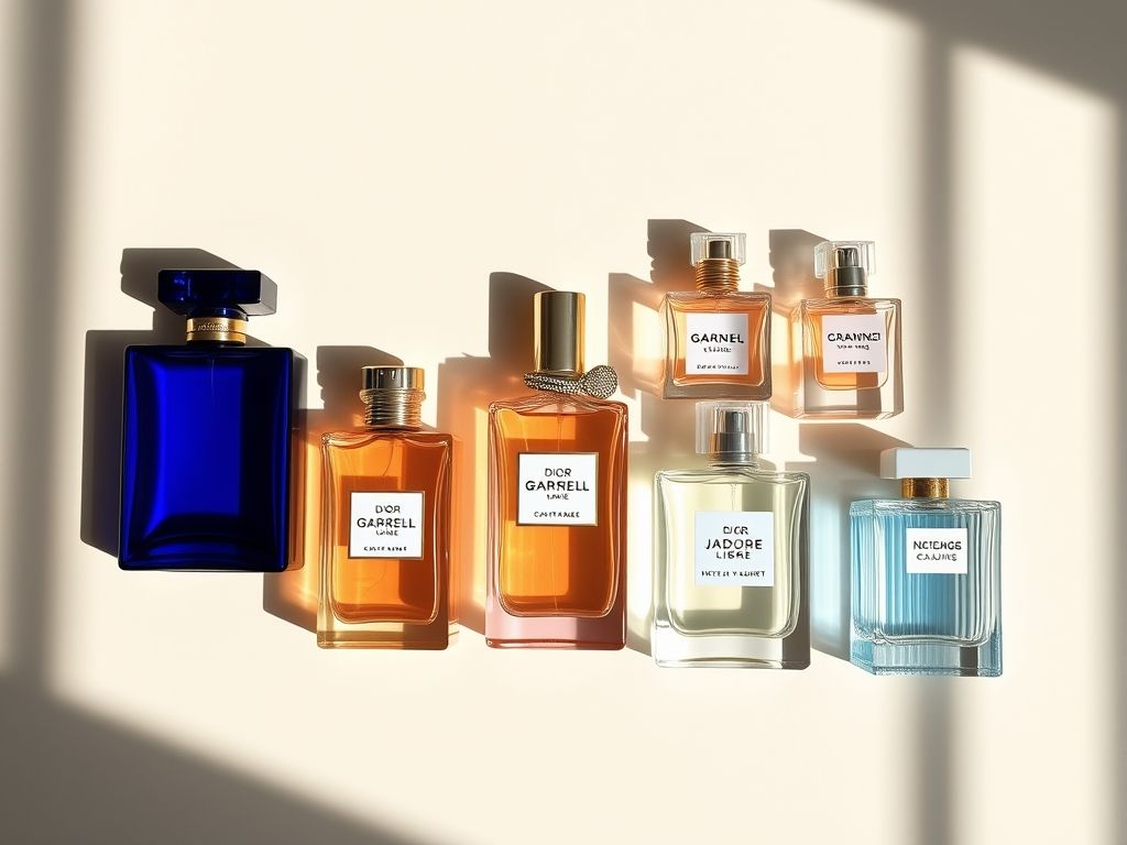 Uma composição visualmente atraente mostrando sete frascos de perfume com designs distintos, representando Chanel Gabrielle, Dior J'adore, Yves Saint Laurent Libre, Giorgio Armani Sì, Tom Ford Jasmin Rouge, Jo Malone London Jasmine Sambac & Marigold e Bvlgari Jasmin Noir.