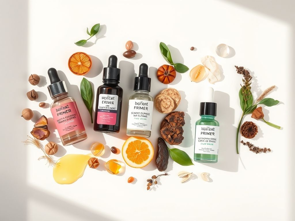 Seleção de séruns primers para diferentes tipos de pele, com ingredientes que destacam seus benefícios.