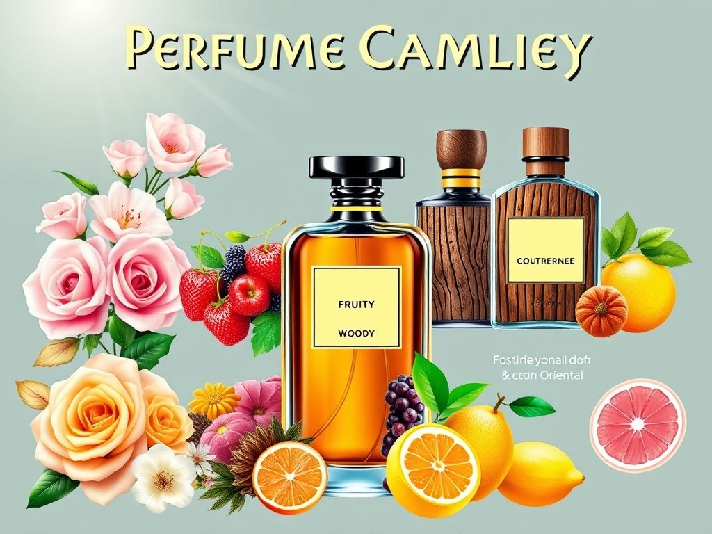 Infográfico ilustrando as diferentes famílias olfativas: floral, frutal, amadeirado, oriental e cítrico.