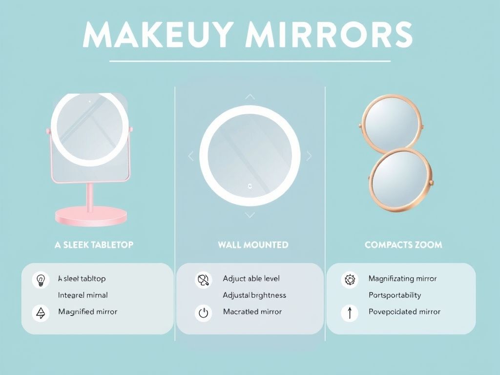 Infográfico comparando espelhos de maquiagem de mesa, de parede e com aumento.