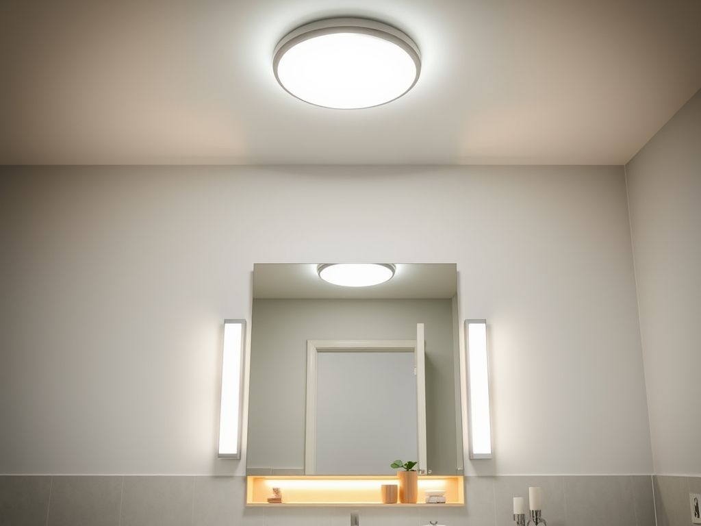 Banheiro bem iluminado com diferentes tipos de iluminação: geral, de tarefa e de destaque, criando um ambiente relaxante.