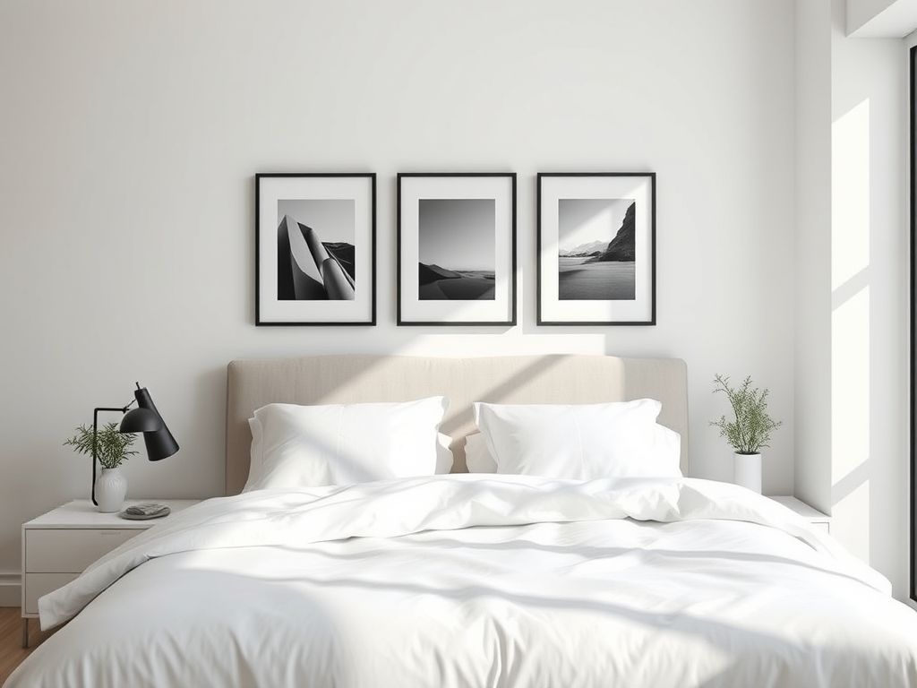 Um quarto bem iluminado com uma exibição minimalista de fotos. Três fotografias em preto e branco estão penduradas em uma linha horizontal acima de uma cama com lençóis brancos impecáveis. As molduras são simples e modernas, enfatizando as linhas limpas do quarto. A estética geral é organizada, serena e elegante.