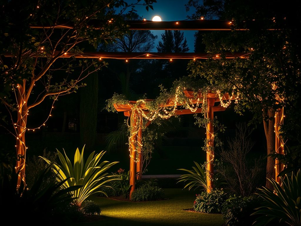 Um jardim bem iluminado à noite com luzes decorativas penduradas, lanternas espalhadas e o contraste entre luz e sombra, criando um ambiente mágico e romântico.