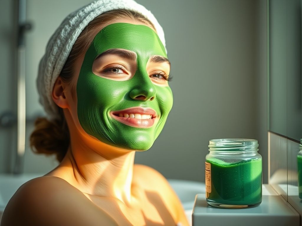 Mulher aplicando uma máscara facial de argila verde no rosto.