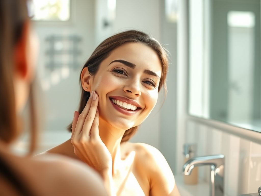 Mulher sorrindo aplicando blush cremoso nas bochechas com os dedos em um banheiro bem iluminado.