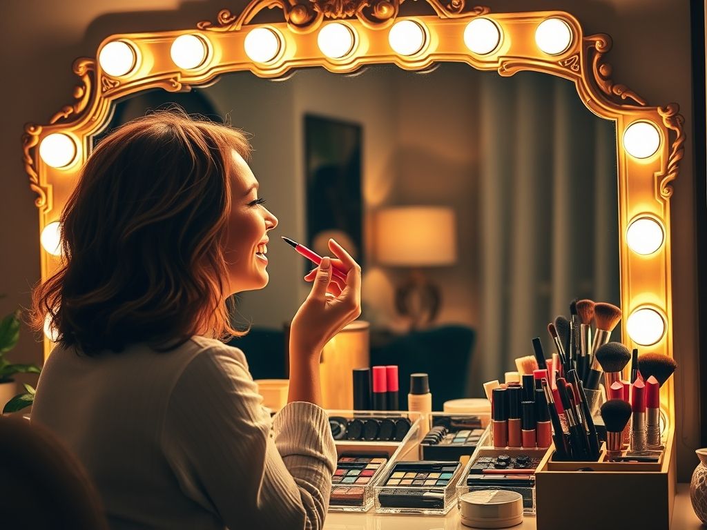 Mulher se maquiando em frente a uma penteadeira organizada com diversos itens de maquiagem.