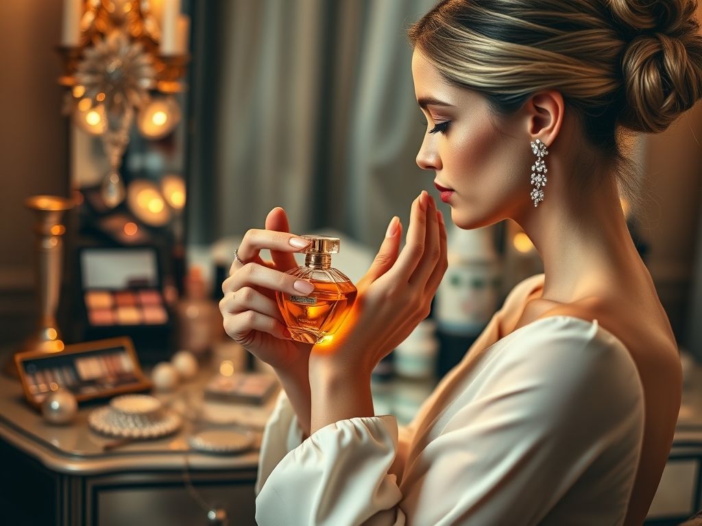 Uma mulher aplicando perfume no pulso em frente a uma penteadeira luxuosa.