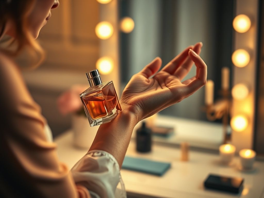 Mulher aplicando perfume no pulso, demonstrando a experiência de testar uma fragrância.