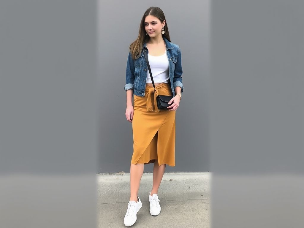 Mulher usando saia pareô midi com blusa básica, jaqueta jeans e tênis branco em um ambiente urbano.