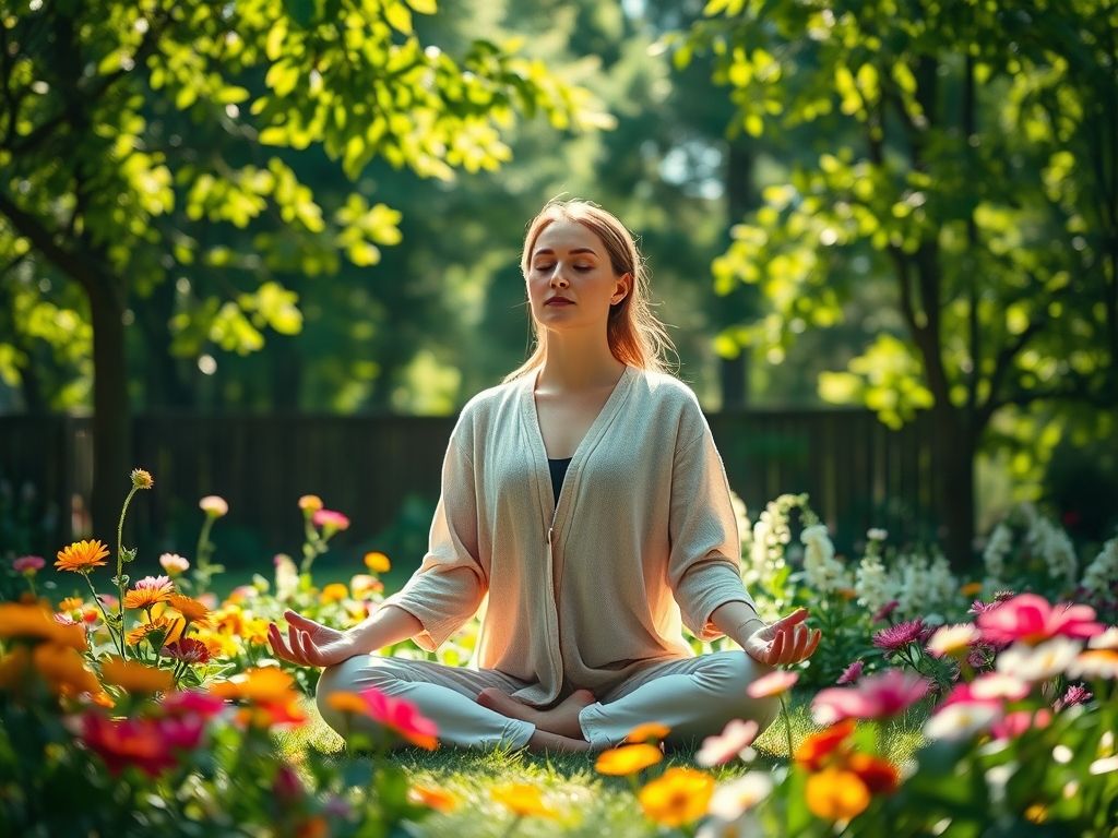 Uma mulher meditando em um jardim tranquilo, irradiando paz e serenidade.