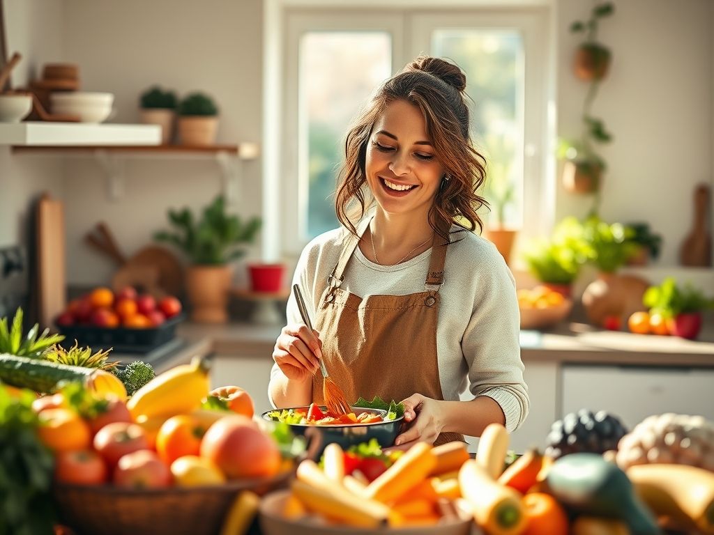Uma mulher preparando uma refeição saudável em sua cozinha, promovendo a importância da alimentação para o bem-estar mental.