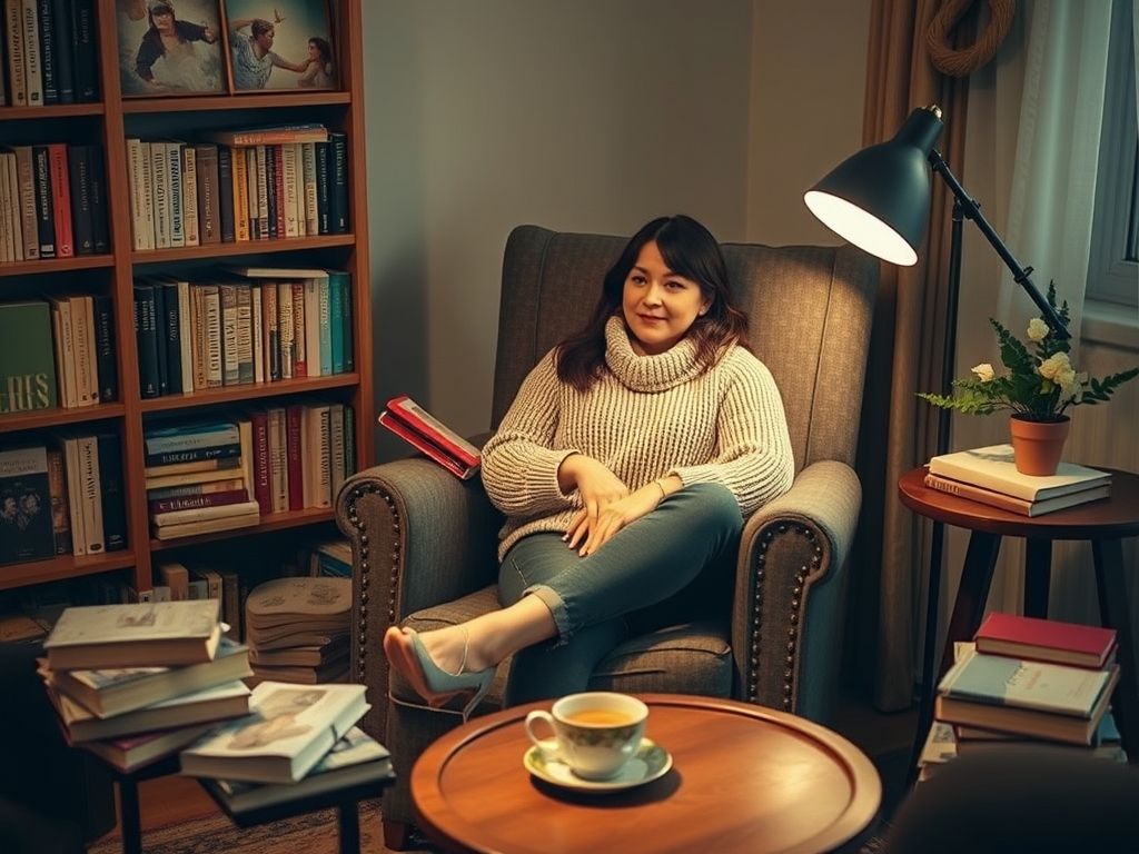 Mulher relaxando e se inspirando com a leitura de um livro.