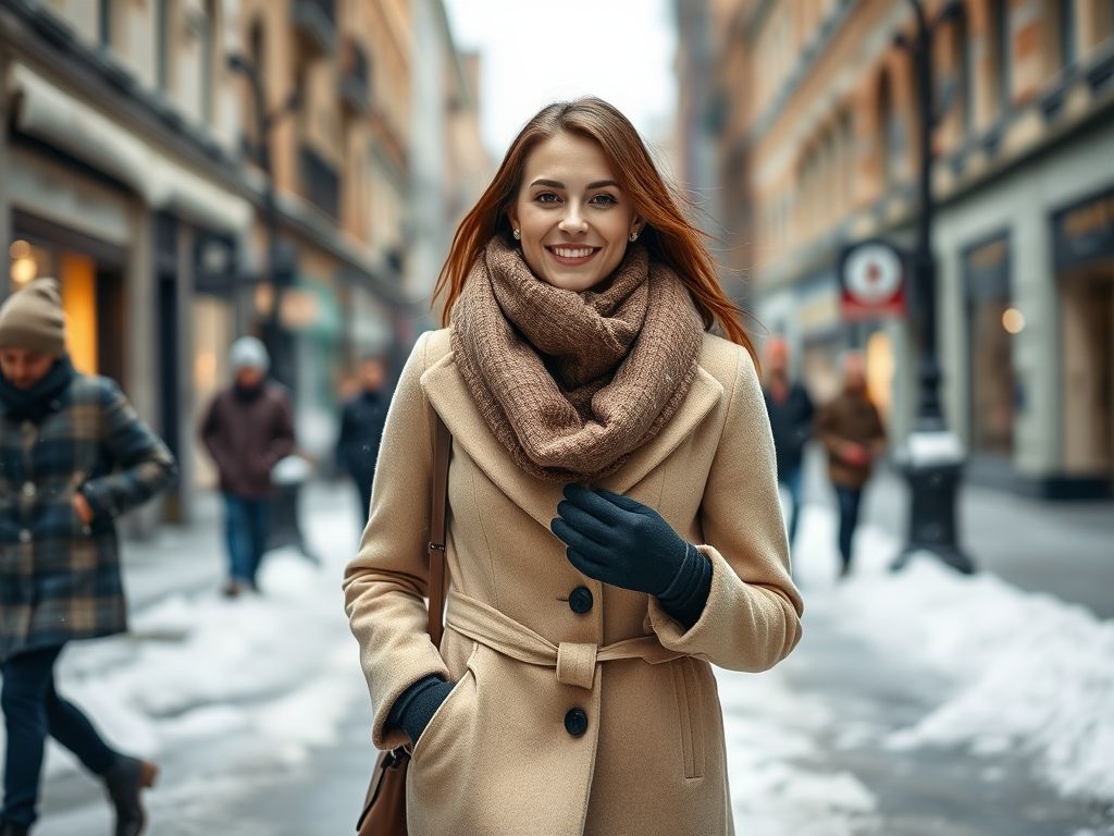 Mulher sorrindo usando um casaco de lã bege estiloso em uma rua da cidade coberta de neve.
