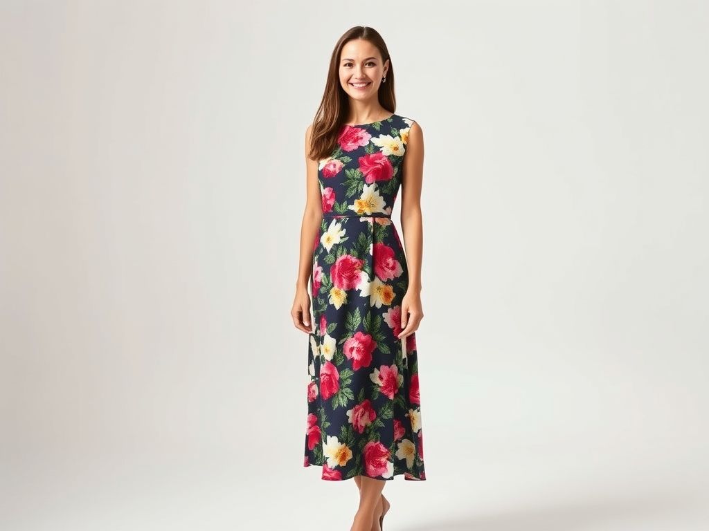 Mulher sorrindo usando um vestido midi floral estampado.