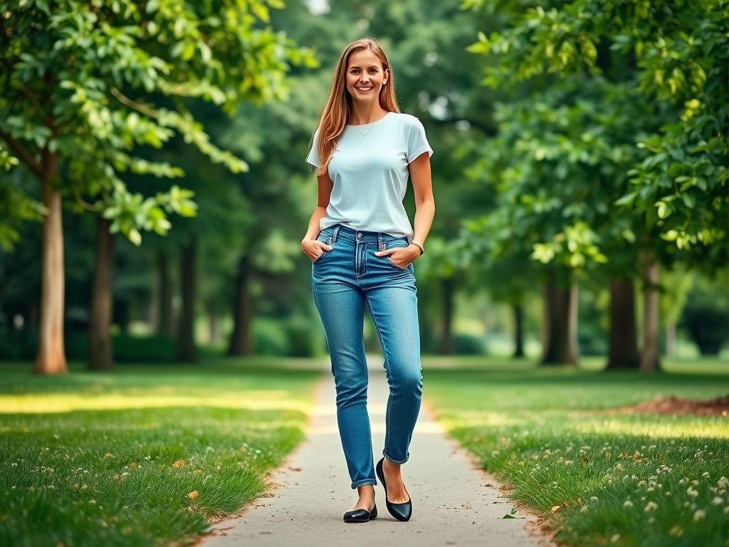 Mulher vestindo jeans e camiseta com sapatilhas bico redondo pretas em um parque.