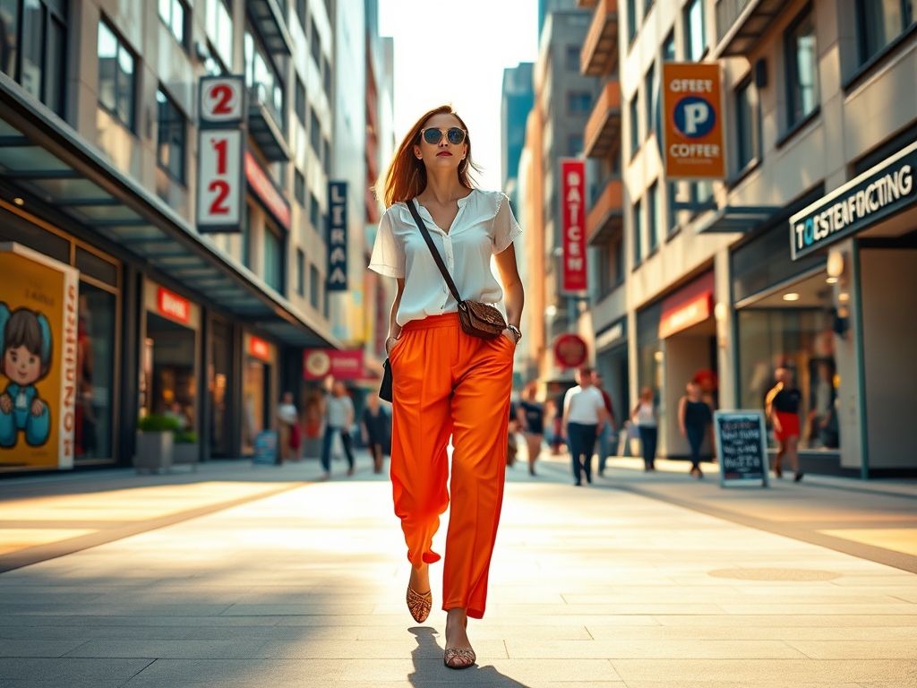 Mulher vestindo calça slouchy laranja vibrante combinada com blusa branca de manga curta e flats confortáveis. Ela está segurando uma bolsa transversal. O fundo sugere um ambiente urbano moderno com edifícios coloridos.