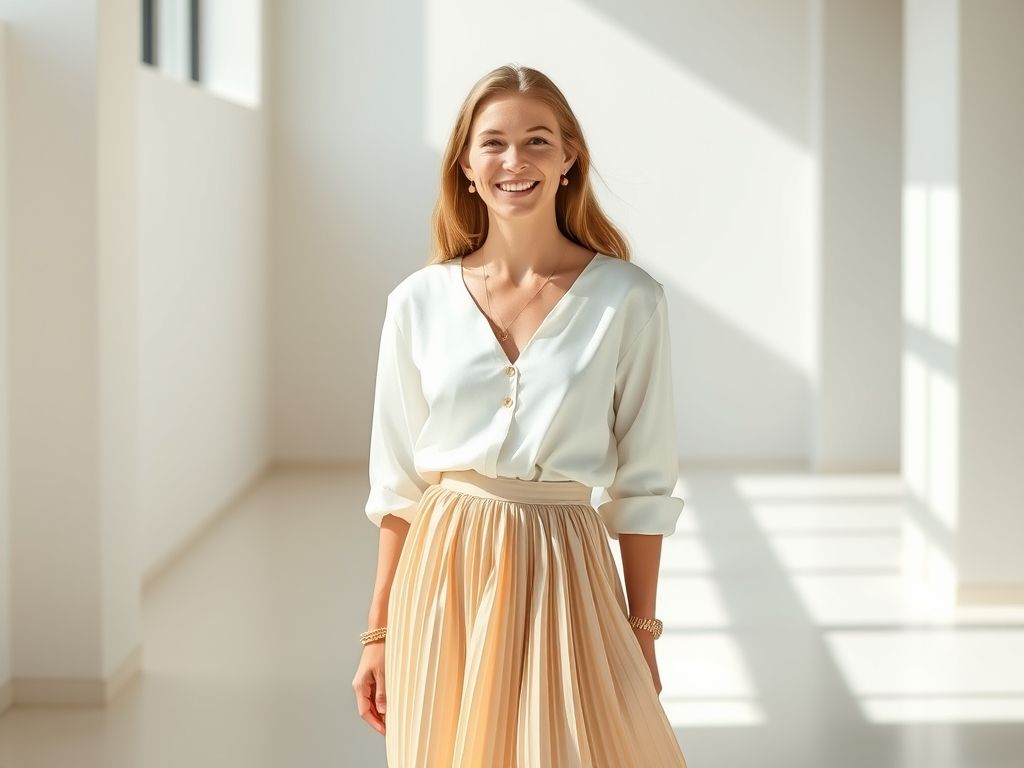 Mulher sorrindo usando saia midi plissada bege com blusa de seda branca e acessórios dourados.