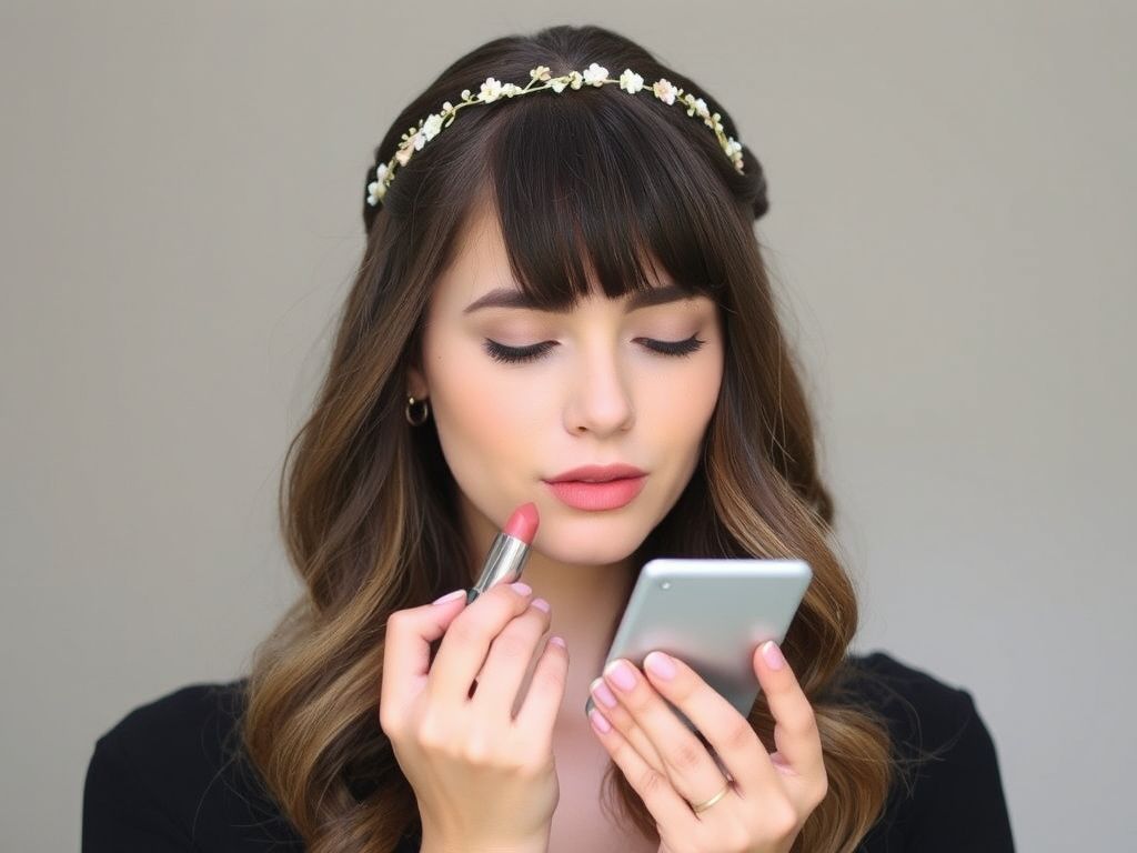 Mulher com cabelos castanhos ondulados usando um vestido preto simples e uma delicada tiara dourada com detalhes florais enquanto aplica batom rosa claro.