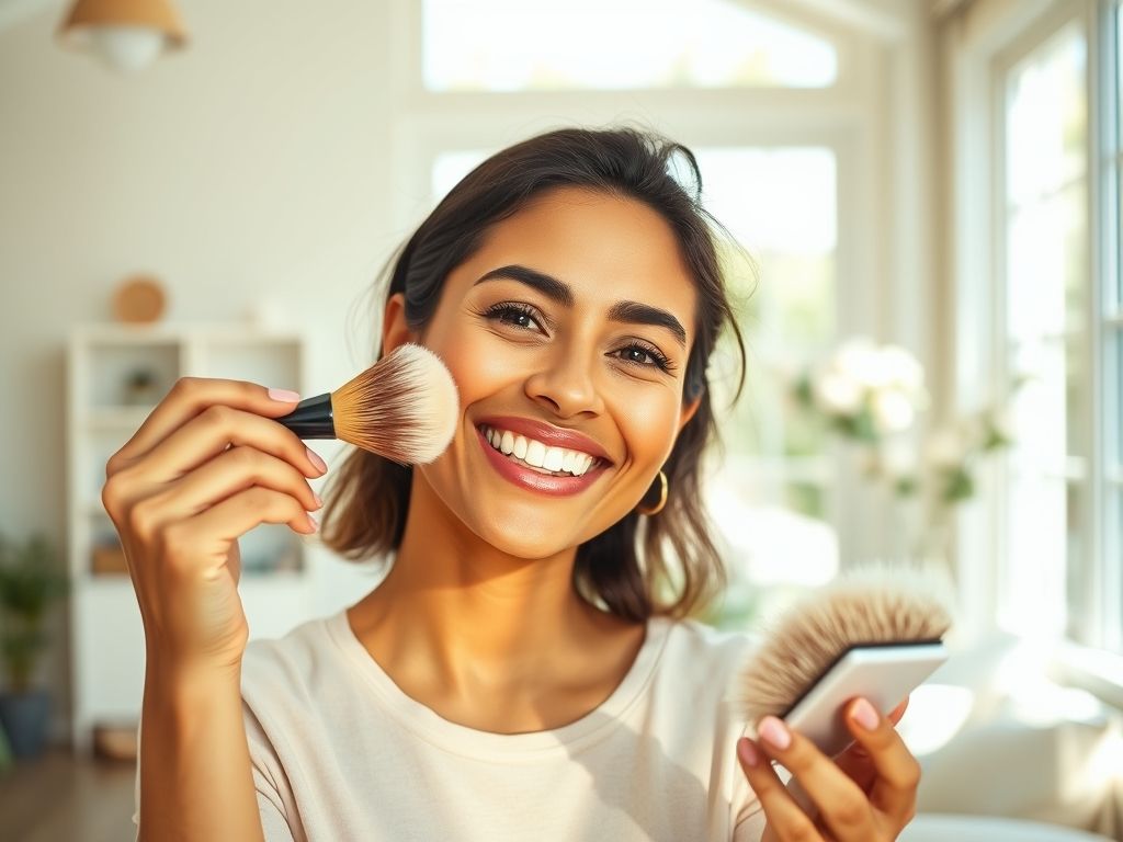 Mulher de pele média aplicando pó bronzeador nas bochechas com um pincel macio, demonstrando a técnica correta e o efeito natural.