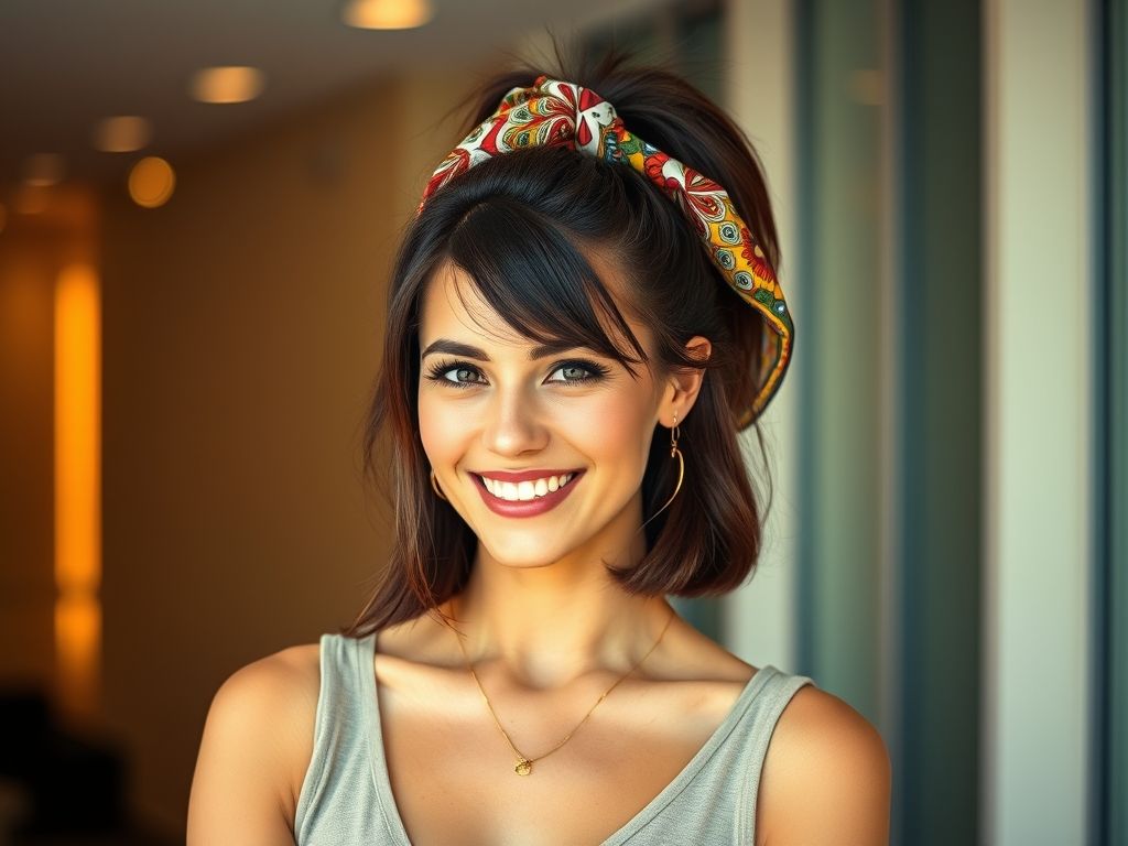 Mulher amarrando um lenço de seda colorido em seu rabo de cavalo, sorrindo com confiança.