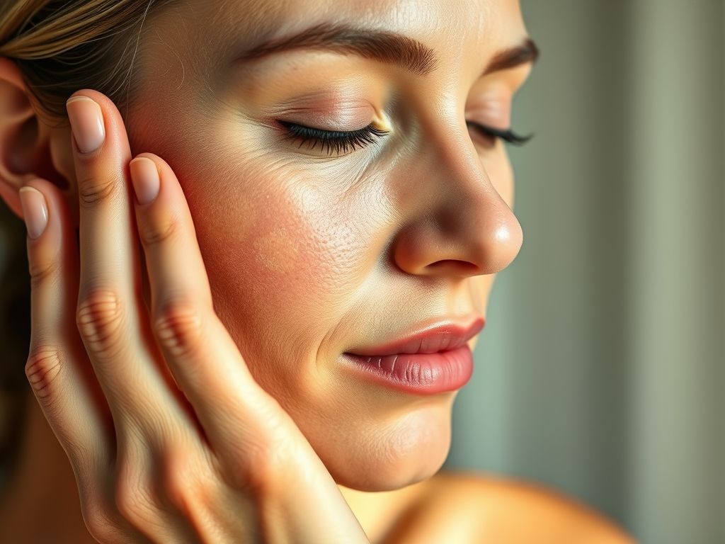 Mulher com melasma aplicando protetor solar com cor no rosto, demonstrando a proteção e uniformização da pele.