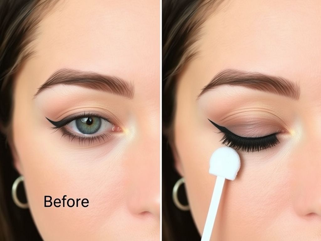 Comparação de antes e depois de corrigir um delineado borrado com cotonete e demaquilante.