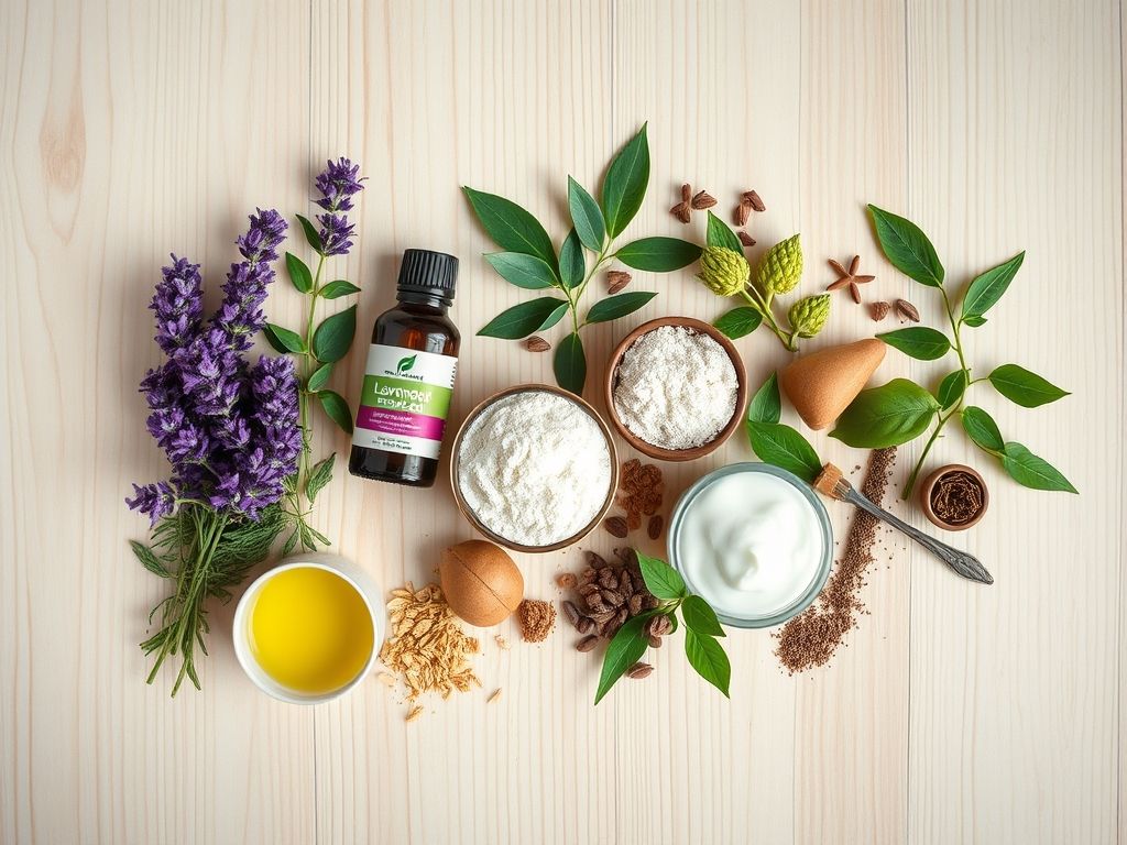 Foto com ingredientes naturais para desodorante, como óleos essenciais, bicarbonato de sódio, óleo de coco e extratos de plantas, dispostos de forma organizada.