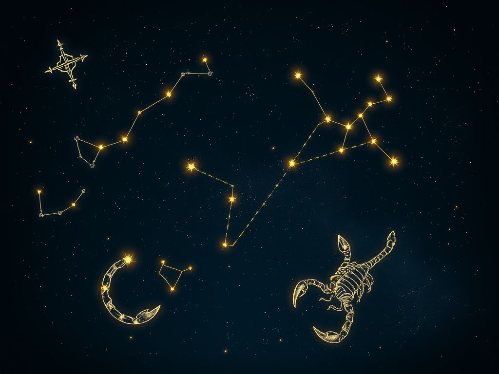 Ilustração das constelações Cruzeiro do Sul, Órion, Escorpião e Touro.