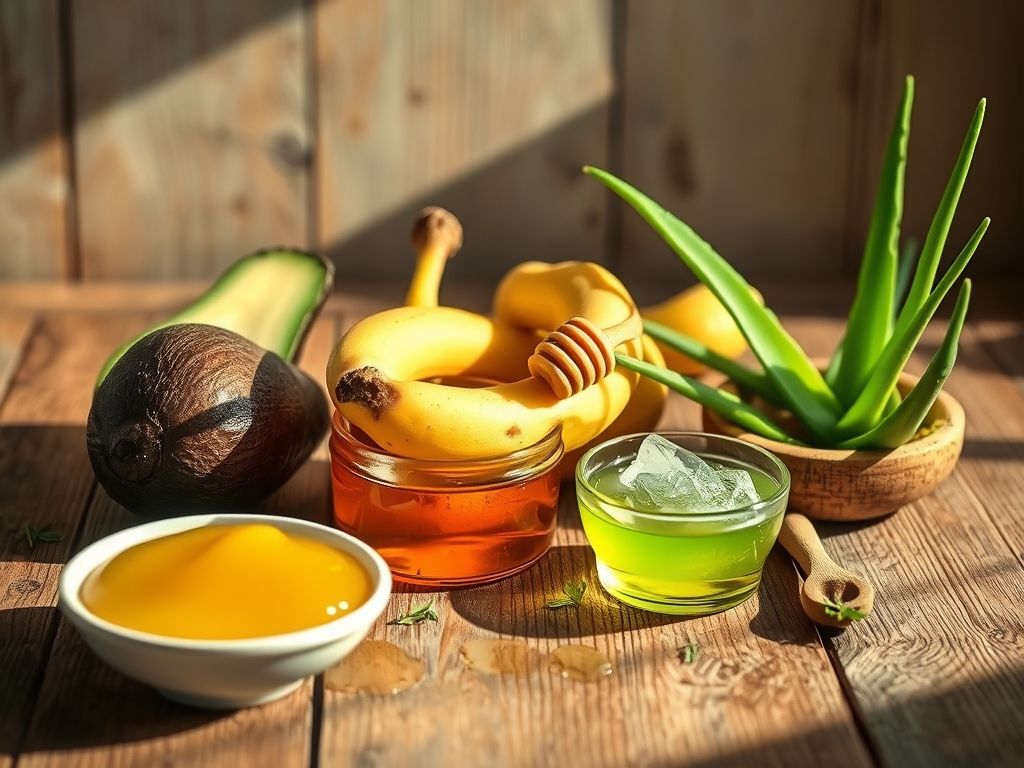 Ingredientes naturais para máscaras caseiras de hidratação capilar, como abacate, banana, mel e aloe vera.
