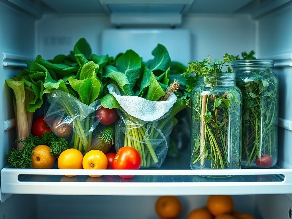 Prateleira de geladeira organizada mostrando diversos vegetais e frutas colhidos armazenados em diferentes recipientes.
