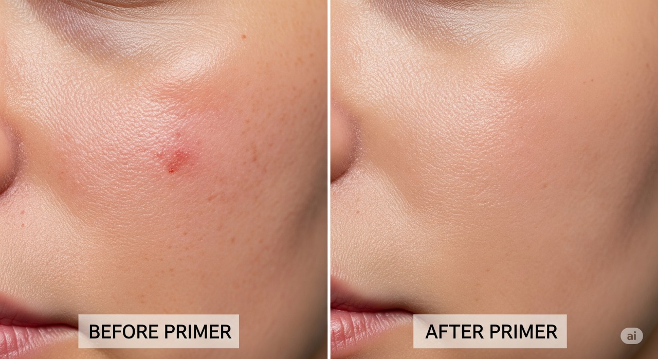 Comparação visual da pele antes e depois da aplicação de primer facial.