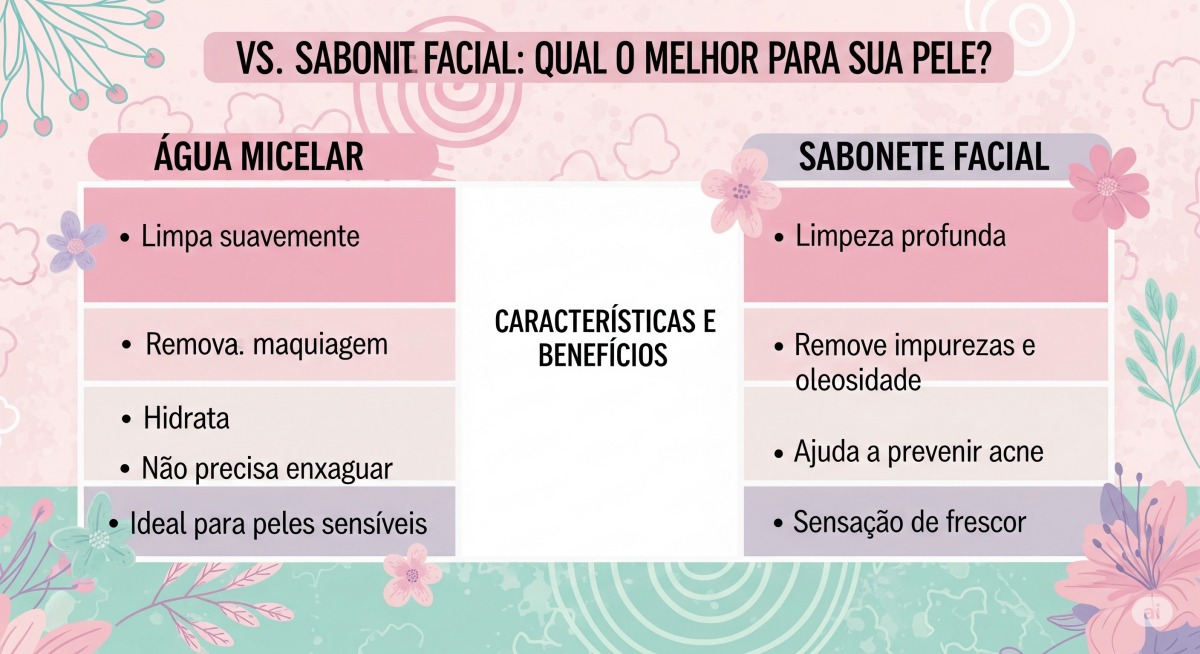 Tabela comparativa entre água micelar e sabonete facial, mostrando os benefícios e diferenças de cada produto.