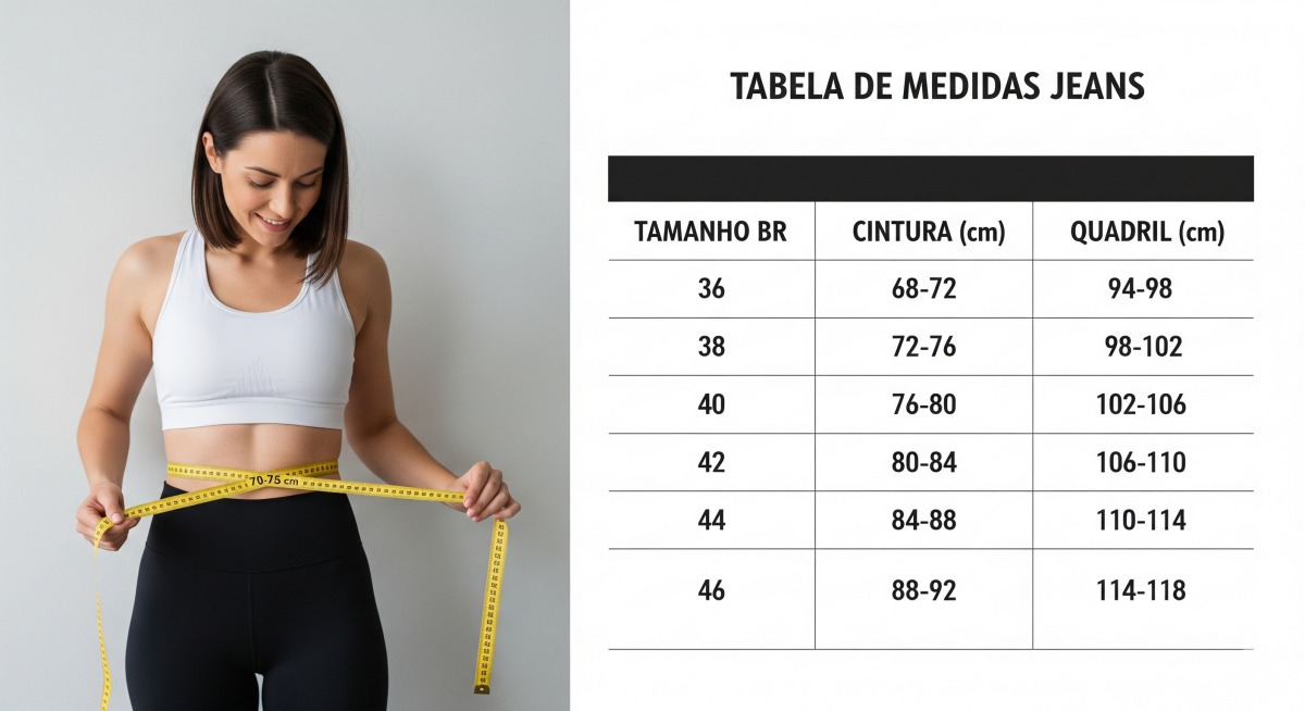 Imagem dividida mostrando uma mulher medindo sua cintura e uma tabela de medidas de calças jeans.