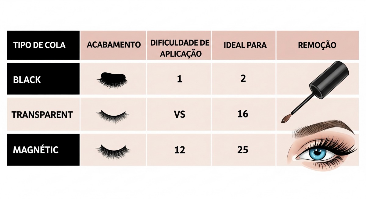 Tabela comparando as características da cola para cílios preta, transparente e magnética, incluindo acabamento, dificuldade de aplicação, ideal para e remoção.