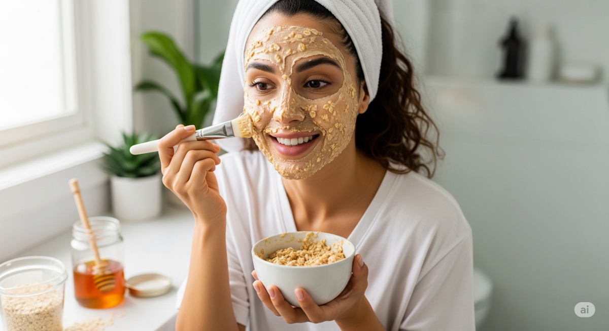 Mulher sorrindo aplicando uma máscara facial caseira de mel e aveia com um pincel.