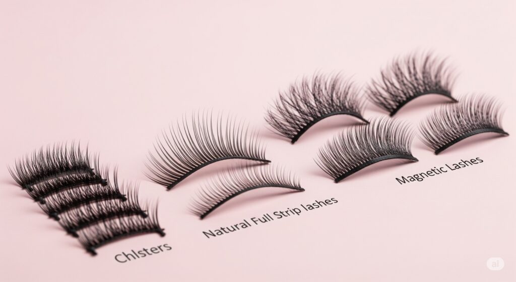 Imagem em close-up mostrando diferentes tipos de cílios postiços: tufos, cílios inteiriços naturais, cílios inteiriços dramáticos e cílios magnéticos.