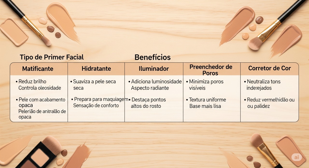 Tabela comparativa dos diferentes tipos de primers faciais e seus benefícios.