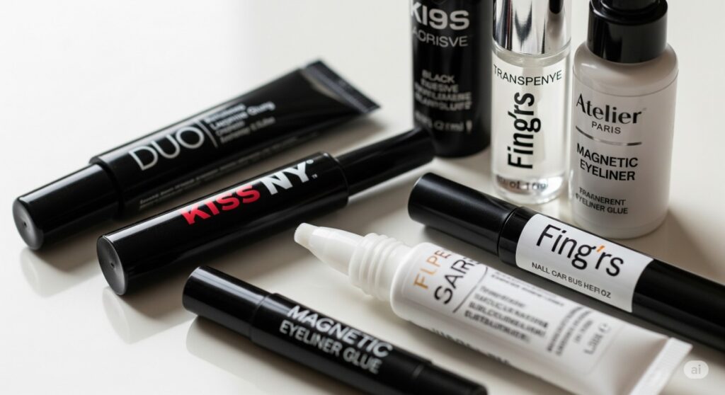 Foto em close-up de diferentes tipos de cola para cílios (preta, transparente, magnética) com marcas como DUO, Kiss NY, Fing'rs e Atelier Paris