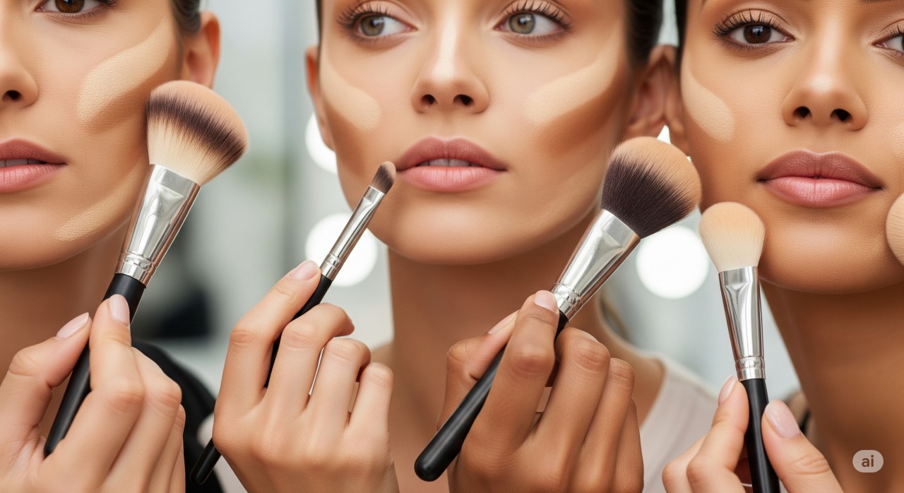 Mãos de diferentes tons de pele aplicando contorno em pó com pincéis variados.