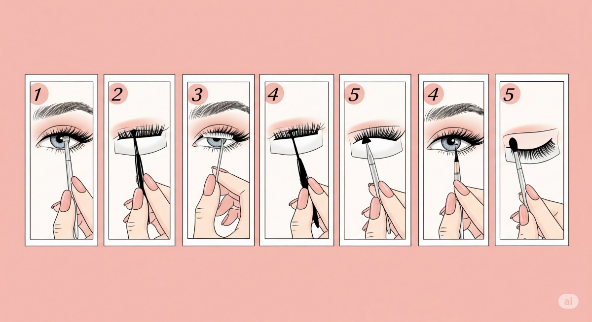 Ilustração passo a passo mostrando o processo de aplicação de cílios postiços, incluindo medir, aplicar a cola, esperar secar, usar pinça e pressionar.