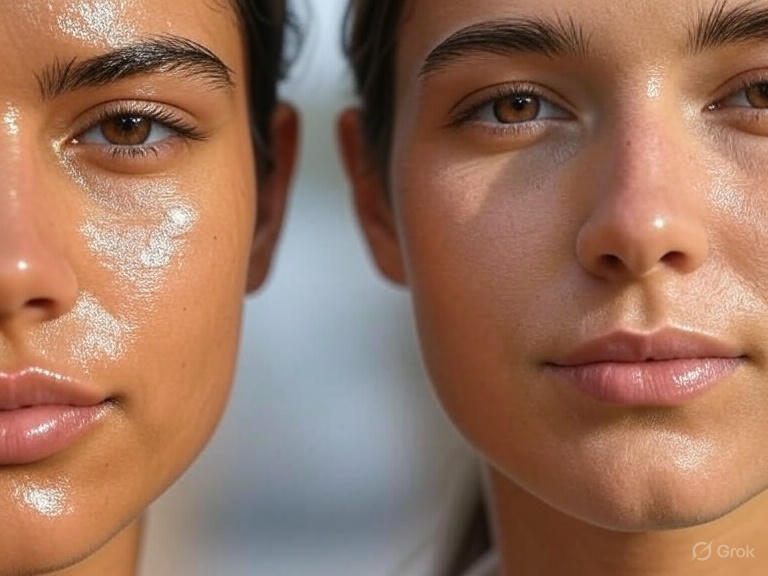 Comparação entre pele oleosa sem fixador matte e pele com fixador matte, mostrando o controle do brilho.