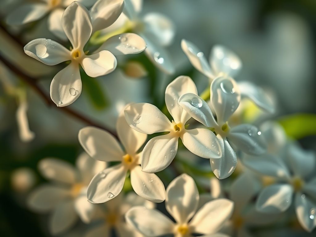 Foto em close-up de flores de jasmim em plena floração, com gotas de água brilhando nas pétalas.