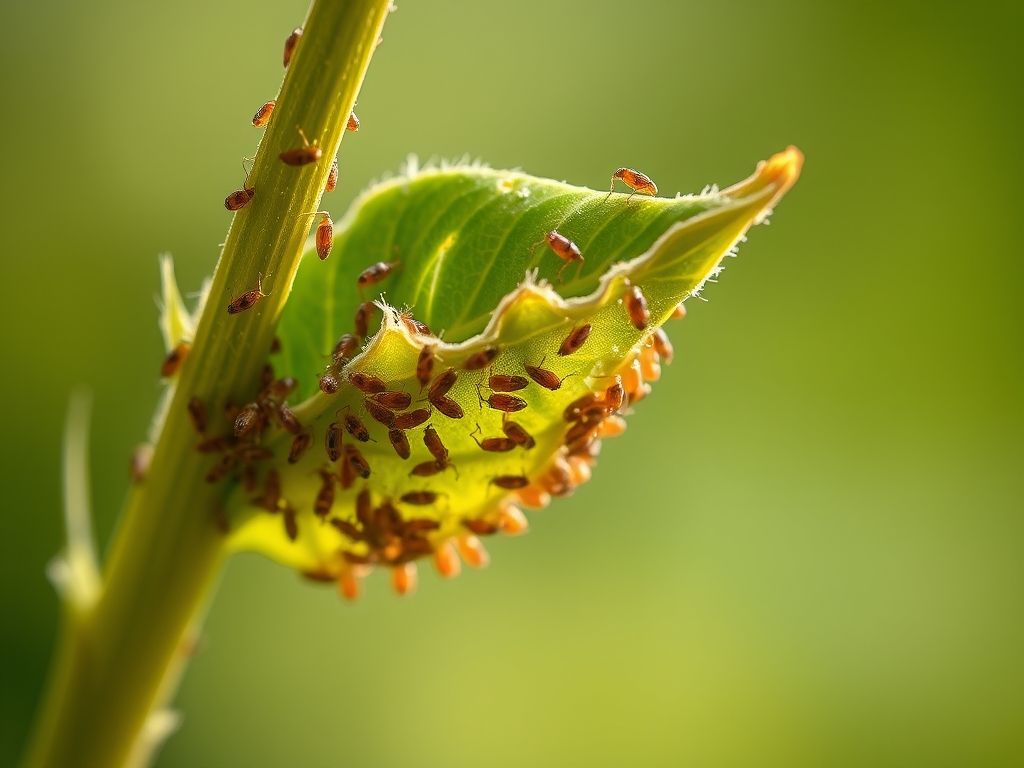Folha de planta infestada por pulgões, mostrando o amarelamento e os insetos sugando a seiva.