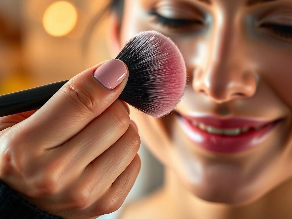 Close-up de um pincel macio e arredondado para blush com cerdas rosa, prestes a ser aplicado na bochecha de uma mulher.