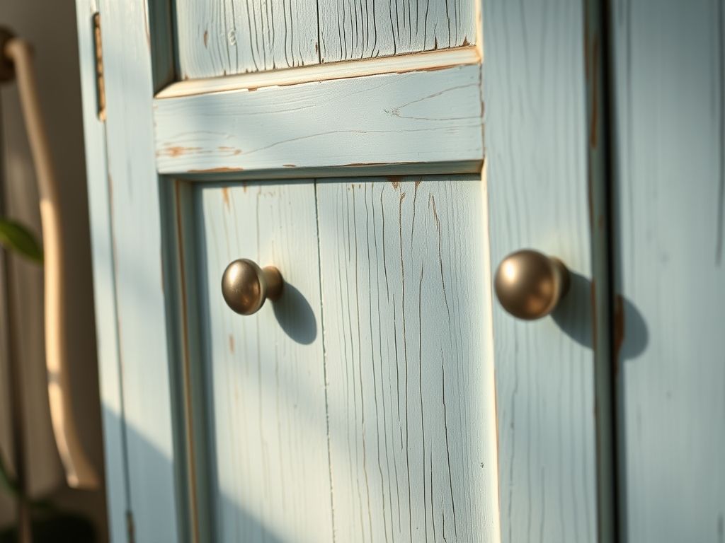 Detalhe de um armário de madeira restaurado e pintado em azul claro, utilizado para armazenar produtos de higiene em um banheiro renovado.