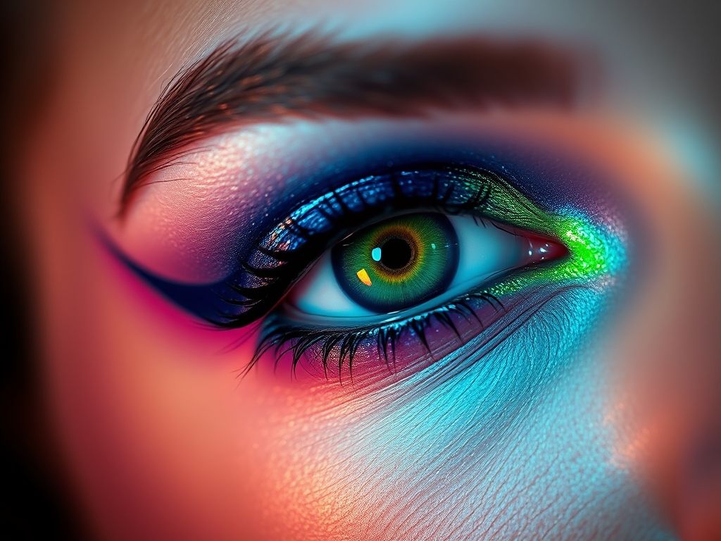 Close-up de um delineado colorido criativo feito com sombra, destacando a cor vibrante e o olhar expressivo.