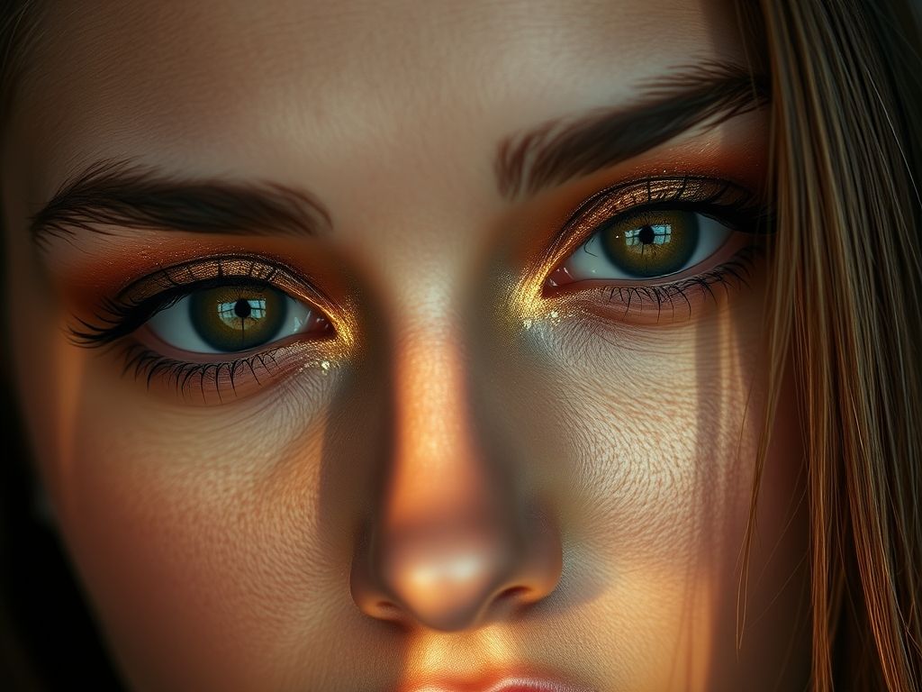 Close-up de um rosto feminino com belos olhos castanhos, maquiados com tons quentes como dourado, bronze e cobre.